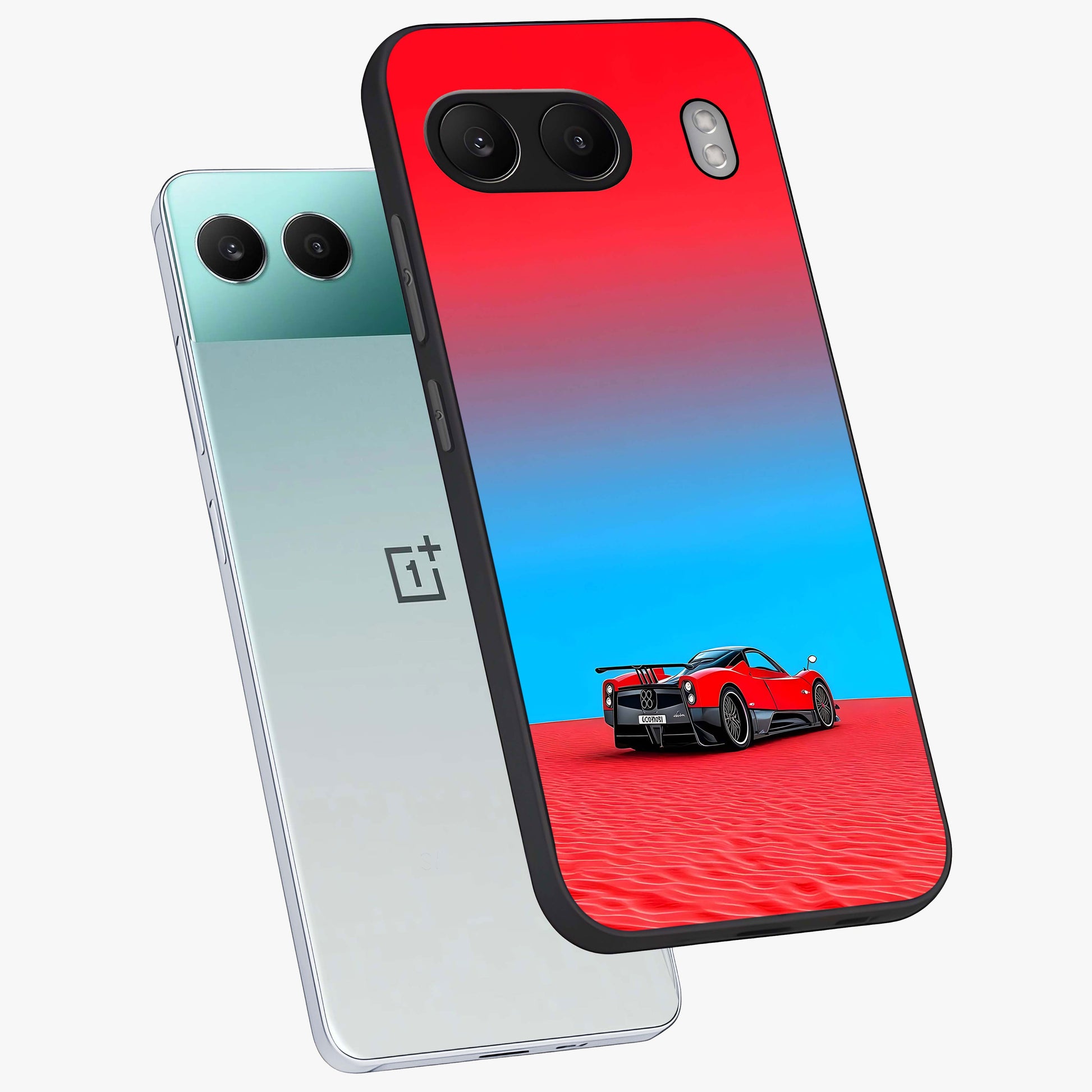 Crimson Speed Mirage Glass Case for 1+Nord 4 angled mockup showcasing glossy finish and dynamic speed detailing