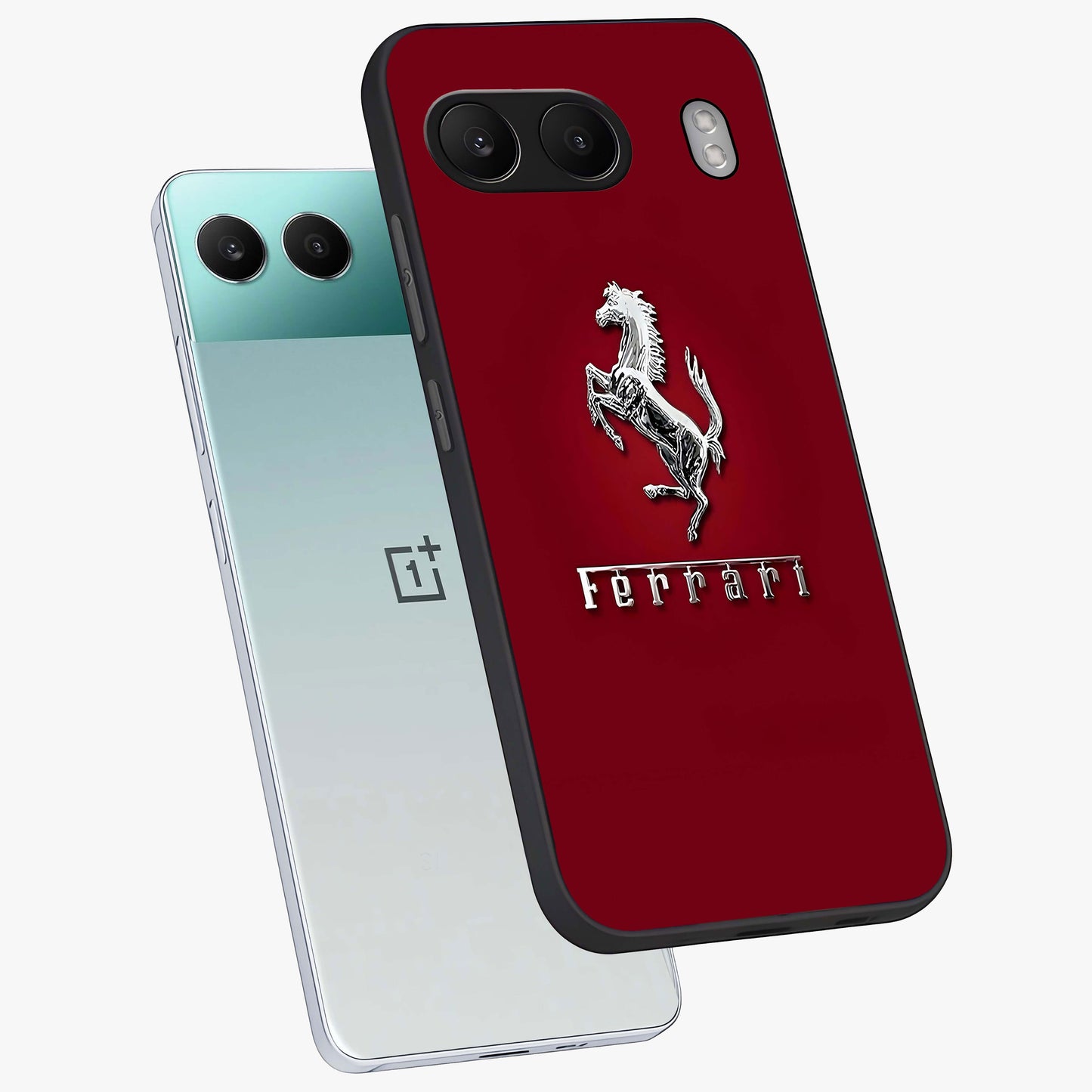 Crimson Stallion Prestige Glass Case for 1+Nord 4 angled mockup showcasing glossy finish and bold equestrian detailing