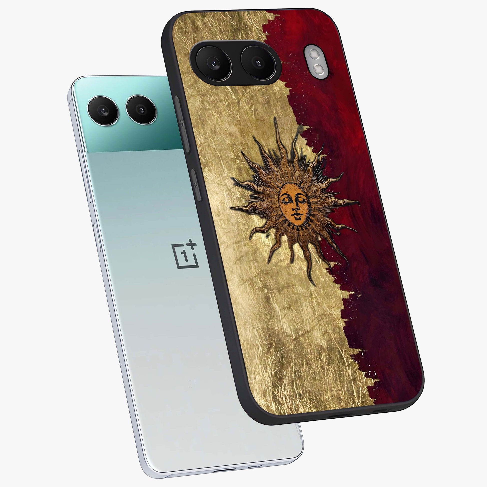 Crimson Sun Majesty Glass Case for 1+Nord 4 angled mockup showcasing glossy finish and majestic celestial tones