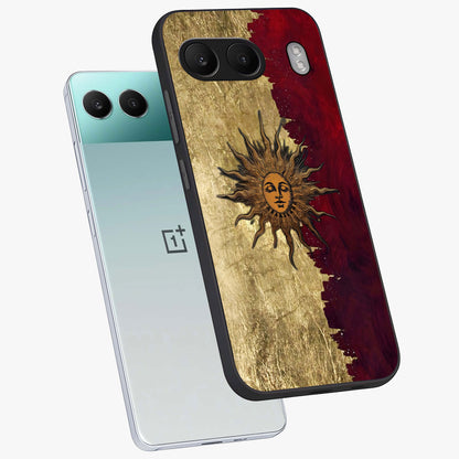 Crimson Sun Majesty Glass Case for 1+Nord 4 angled mockup showcasing glossy finish and majestic celestial tones