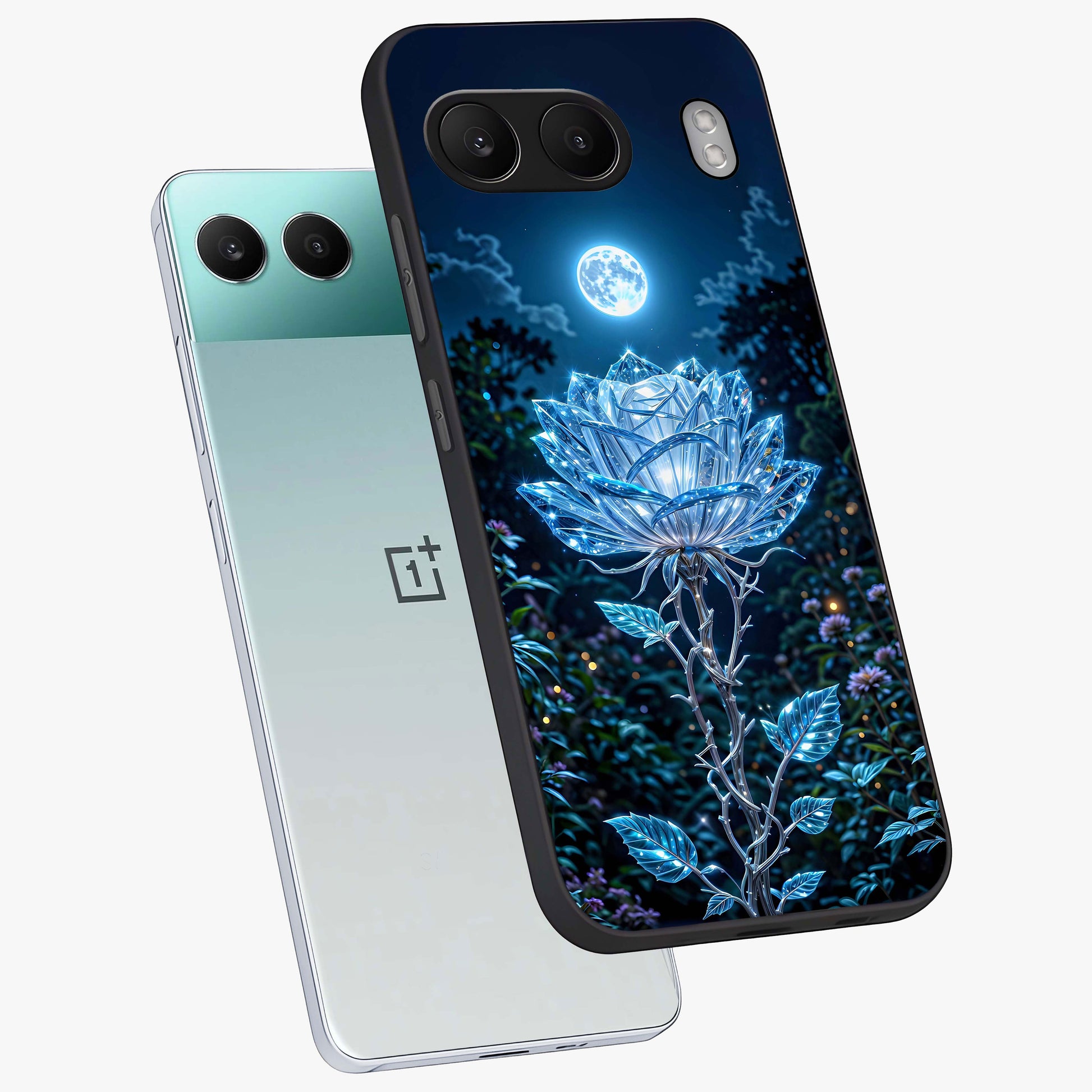 Crystal Moon Lotus Glass Case for 1+Nord 4 angled mockup showcasing glossy glass finish and luminous floral detailing