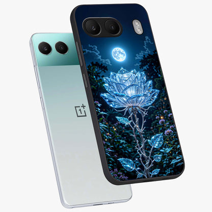 Crystal Moon Lotus Glass Case for 1+Nord 4 angled mockup showcasing glossy glass finish and luminous floral detailing