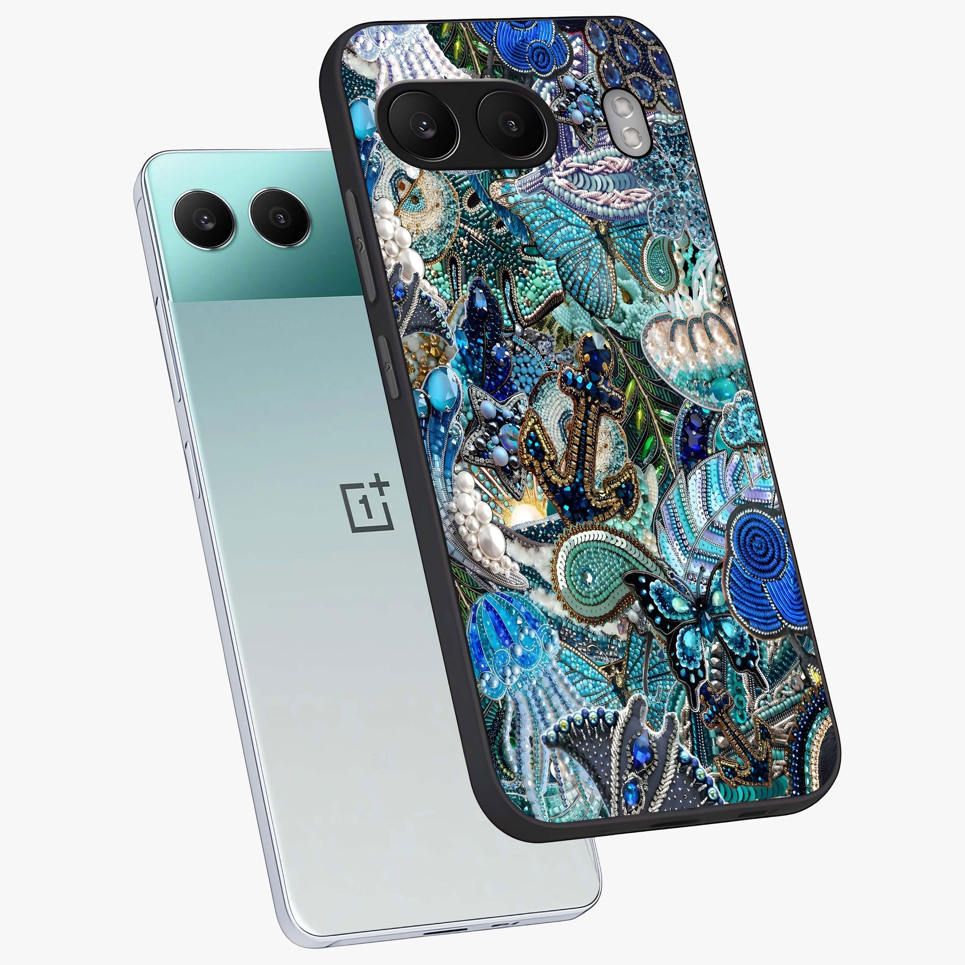 Crystal Ocean Magic Glass Case for 1+Nord 4 angled mockup showcasing glossy finish and flowing aqua tones
