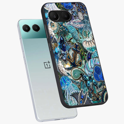 Crystal Ocean Magic Glass Case for 1+Nord 4 angled mockup showcasing glossy finish and flowing aqua tones