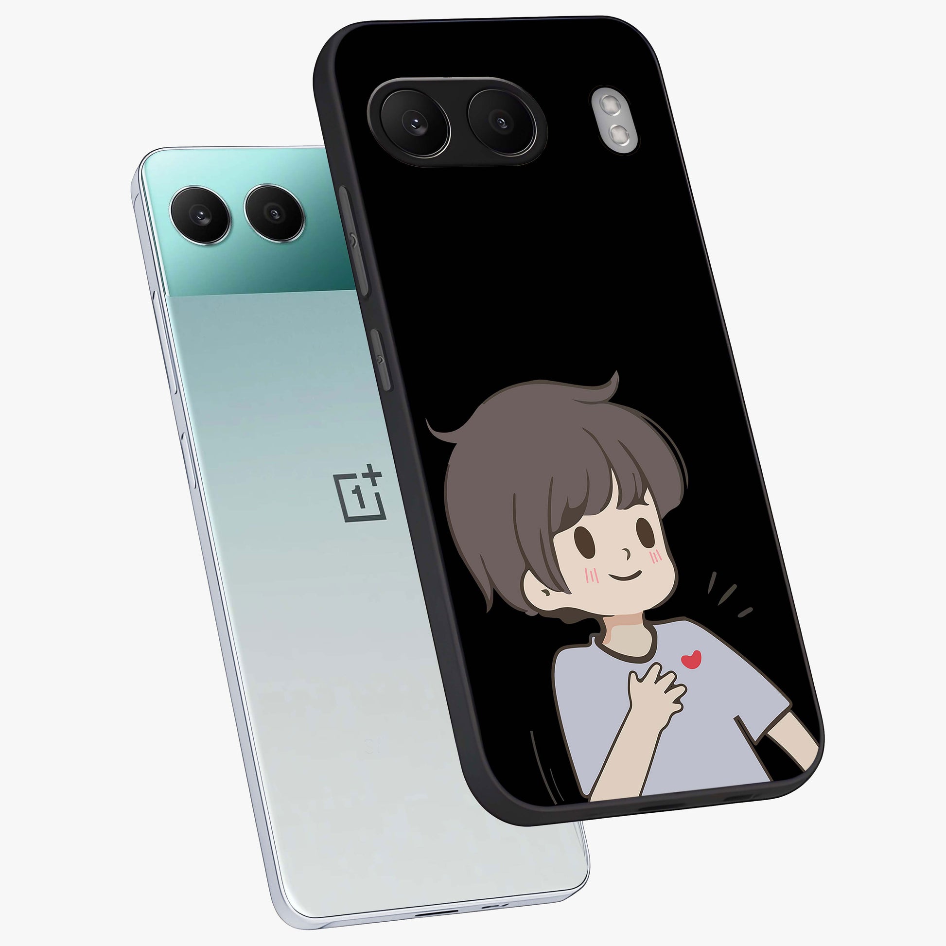 Cute Boy Heart Reaction Glass Case for 1+Nord 4 angled mockup showcasing glossy finish and vibrant pastel tones