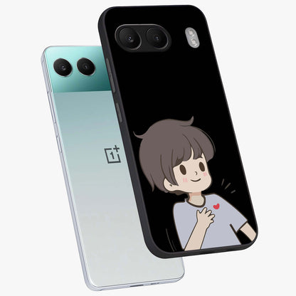 Cute Boy Heart Reaction Glass Case for 1+Nord 4 angled mockup showcasing glossy finish and vibrant pastel tones