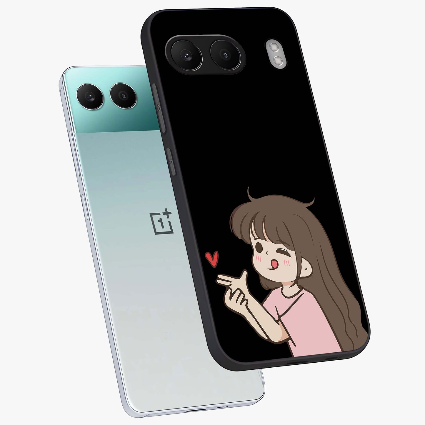 Cute Girl Firing Heart Glass Case for 1+Nord 4 angled mockup showcasing glossy finish and lively character detailing