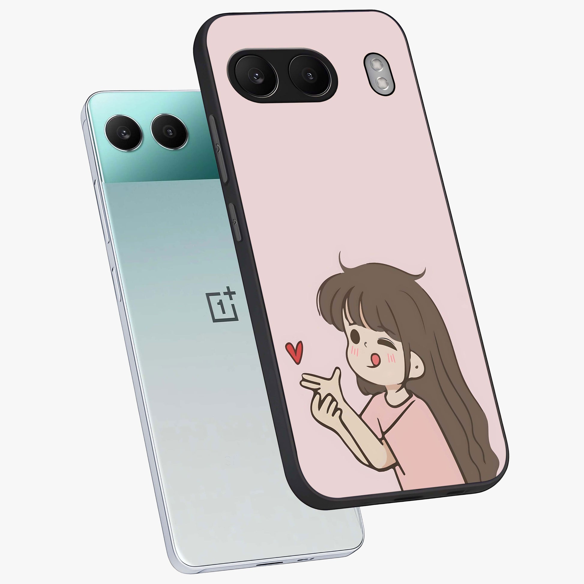 Cute Kiss Heart Glass Case for 1+Nord 4 angled mockup showcasing glossy finish and soft pastel tones