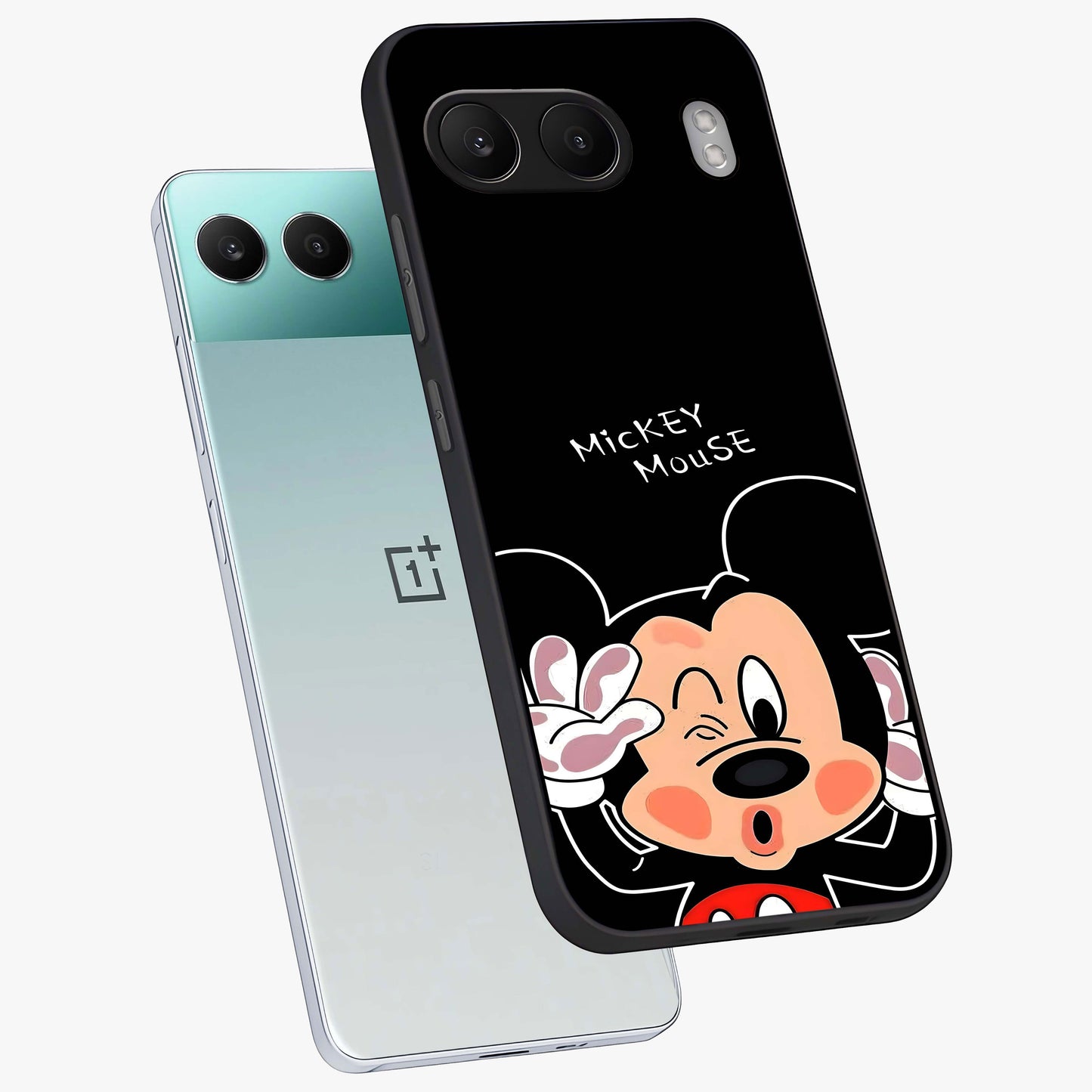 Cute Mickey Love Glass Case for 1+Nord 4 angled mockup showcasing glossy finish and vibrant character detailing
