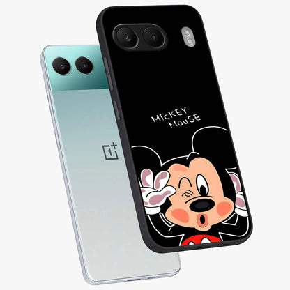 Cute Mickey Love Glass Case for 1+Nord 4 angled mockup showcasing glossy finish and vibrant character detailing