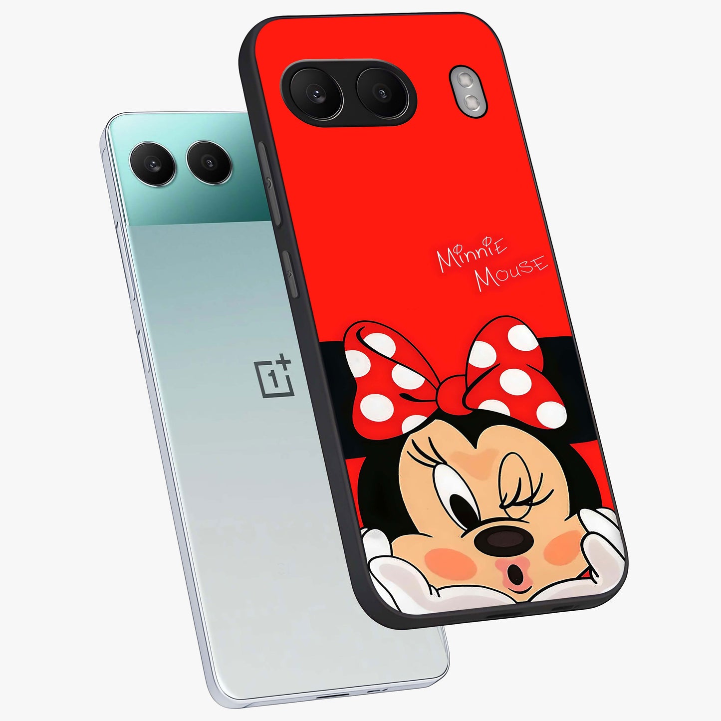 Cute Minnie Love Glass Case for 1+Nord 4 angled mockup showcasing glossy glass finish and vibrant character detailing