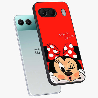 Cute Minnie Love Glass Case for 1+Nord 4 angled mockup showcasing glossy glass finish and vibrant character detailing