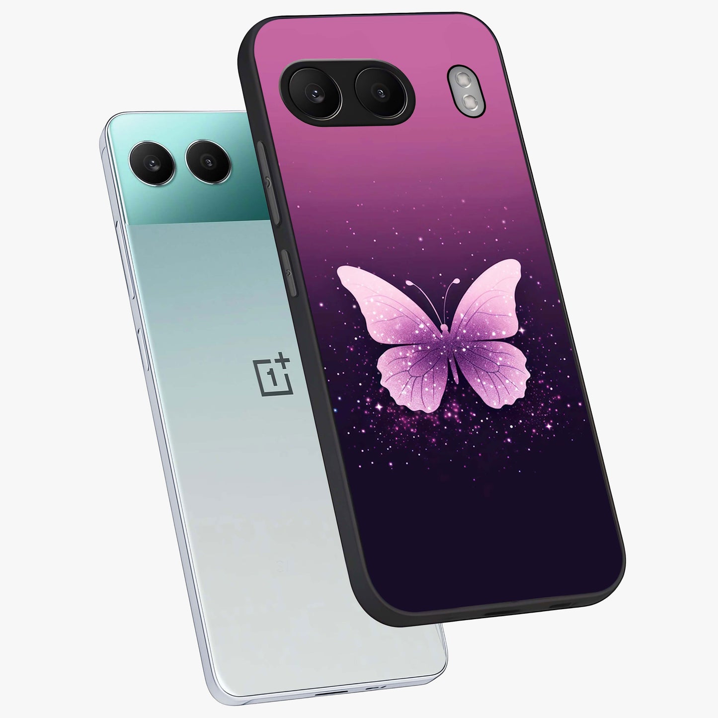 Cute Starry Butterfly Glass Case for 1+Nord 4 angled mockup showcasing glossy finish and celestial pastel tones