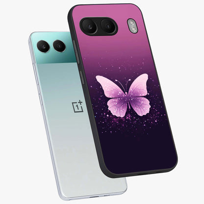Cute Starry Butterfly Glass Case for 1+Nord 4 angled mockup showcasing glossy finish and celestial pastel tones