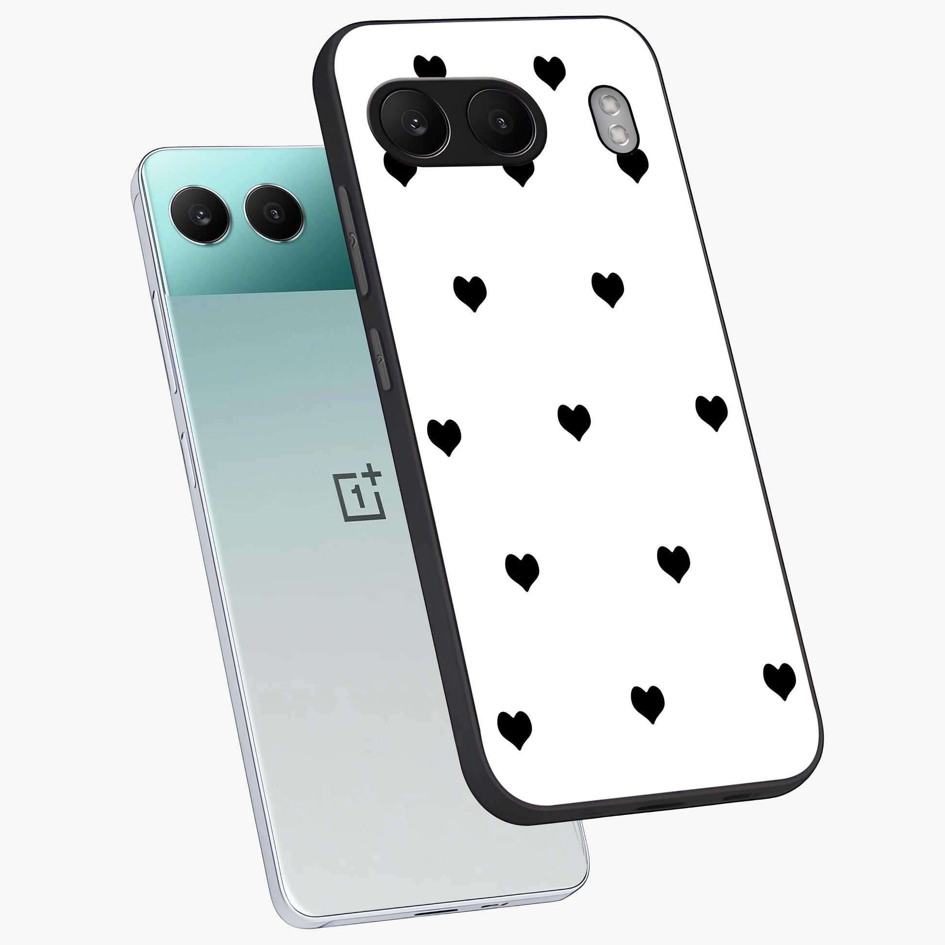 Cute Simple black Hearts Glass Case for 1+Nord 4 angled mockup showcasing glossy finish and bold shadow detailing