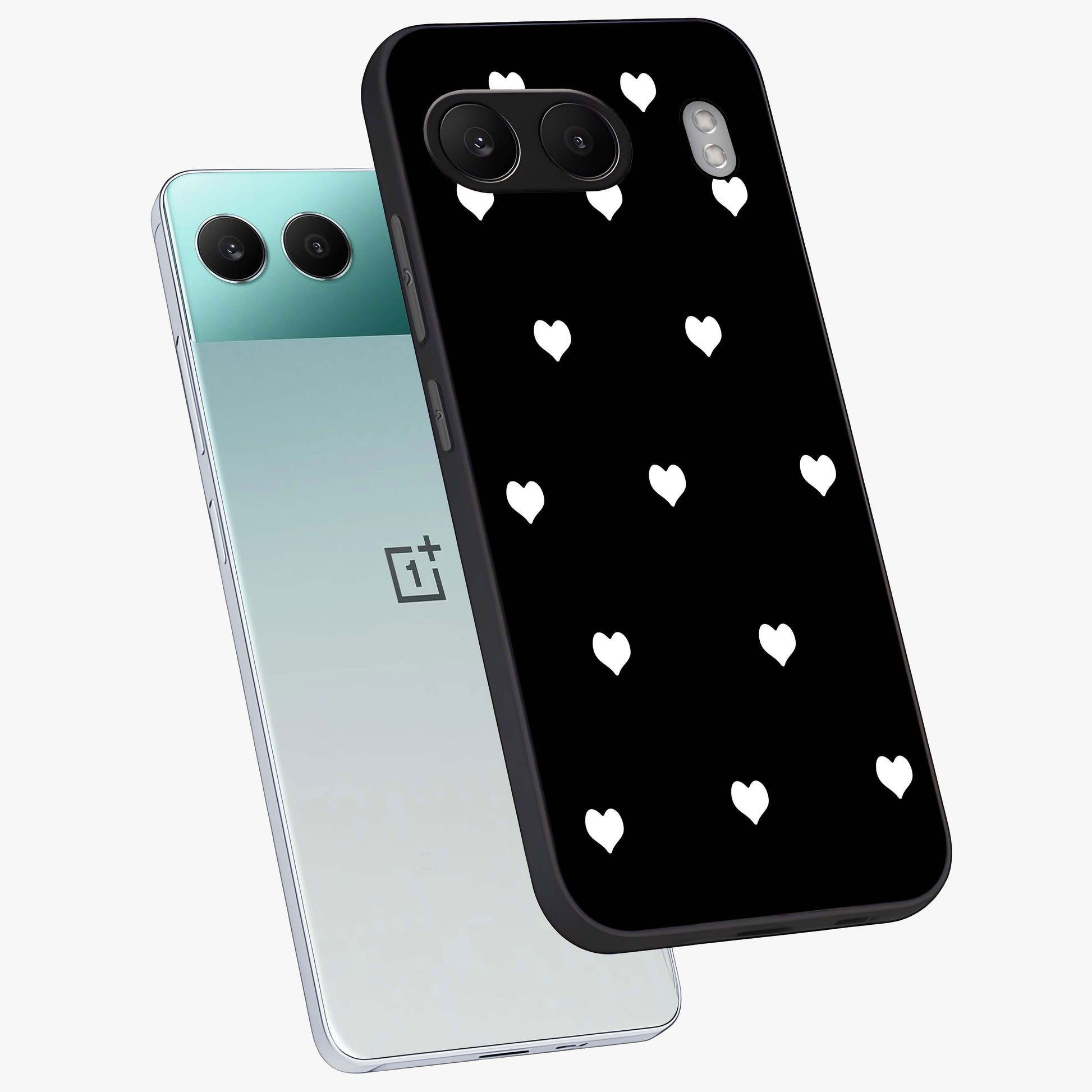 Cute Simple White Hearts Glass Case for 1+Nord 4 angled mockup showcasing glossy finish and bold shadow detailing
