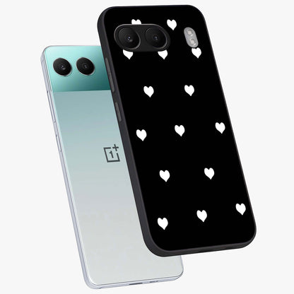 Cute Simple White Hearts Glass Case for 1+Nord 4 angled mockup showcasing glossy finish and bold shadow detailing