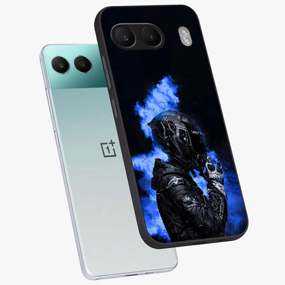 Cyber Sentinel Protocol Glass Case for 1+Nord 4 angled mockup showcasing glossy finish and high tech neon detailing