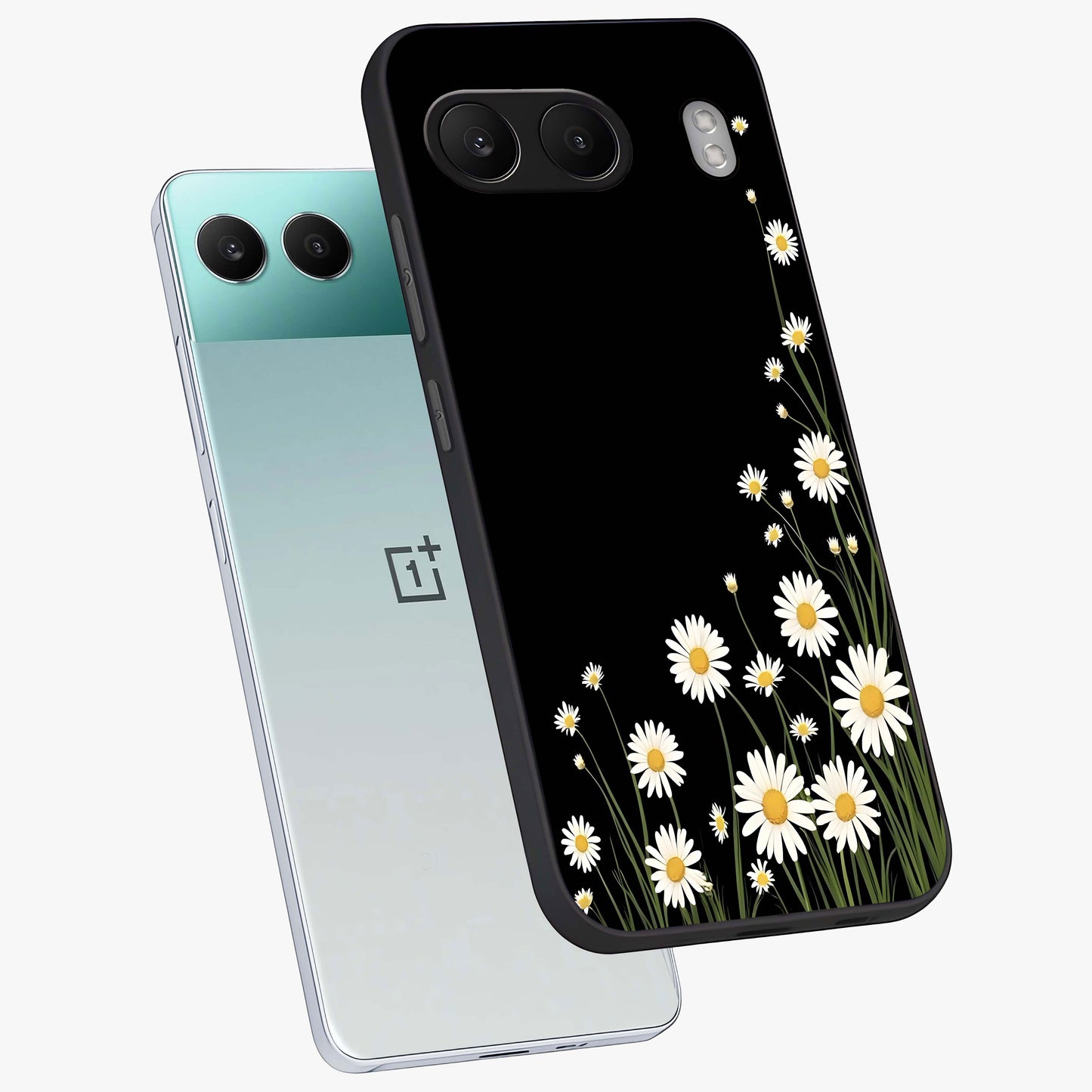 Daisy Cascade on Black Glass Case for 1+Nord 4 angled mockup showcasing glossy finish and bold floral contrast