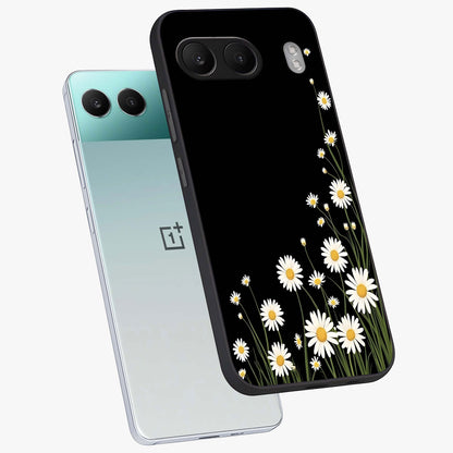 Daisy Cascade on Black Glass Case for 1+Nord 4 angled mockup showcasing glossy finish and bold floral contrast