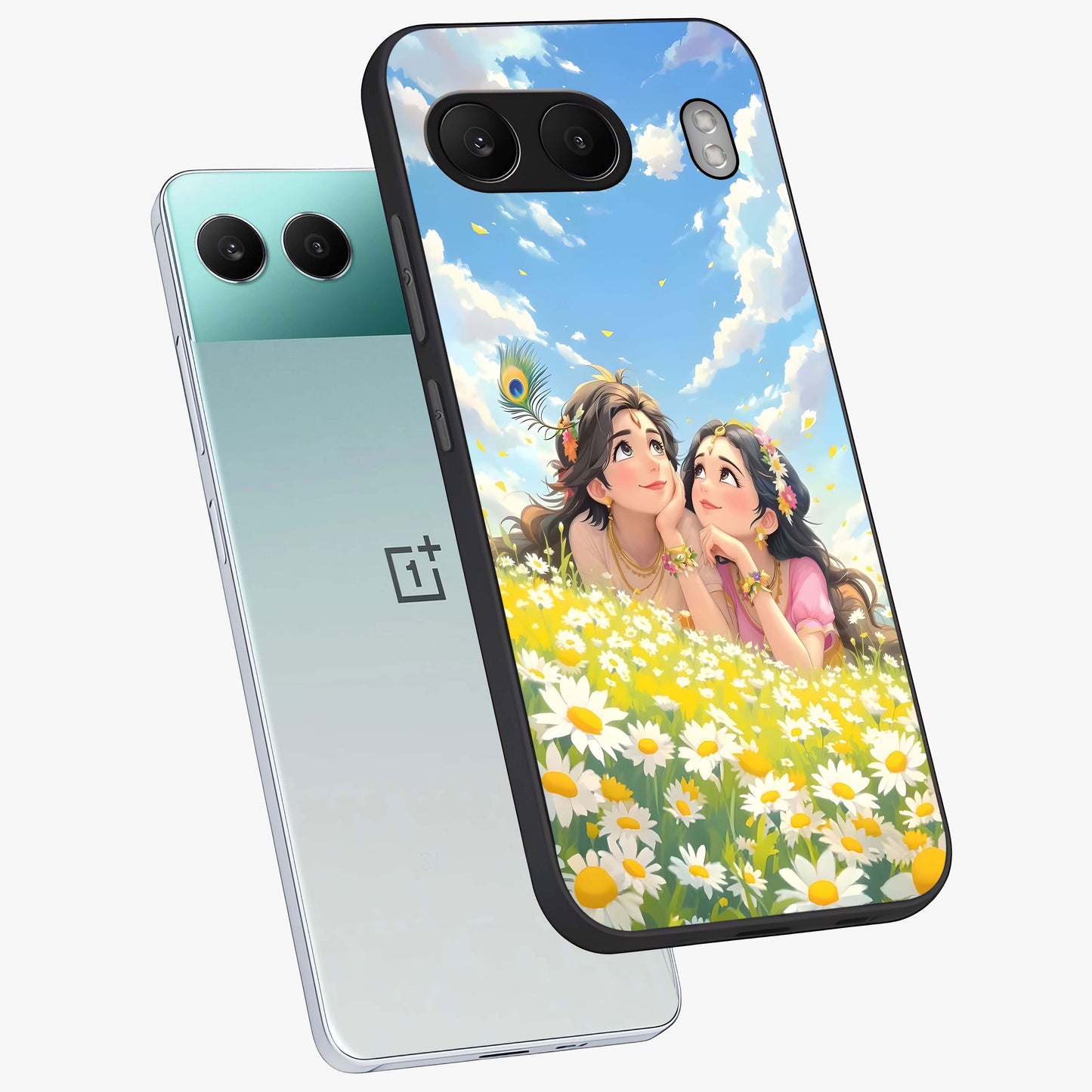 Daisy Daydream Love Glass Case for 1+Nord 4 angled mockup showcasing glossy finish and pastel bloom tones