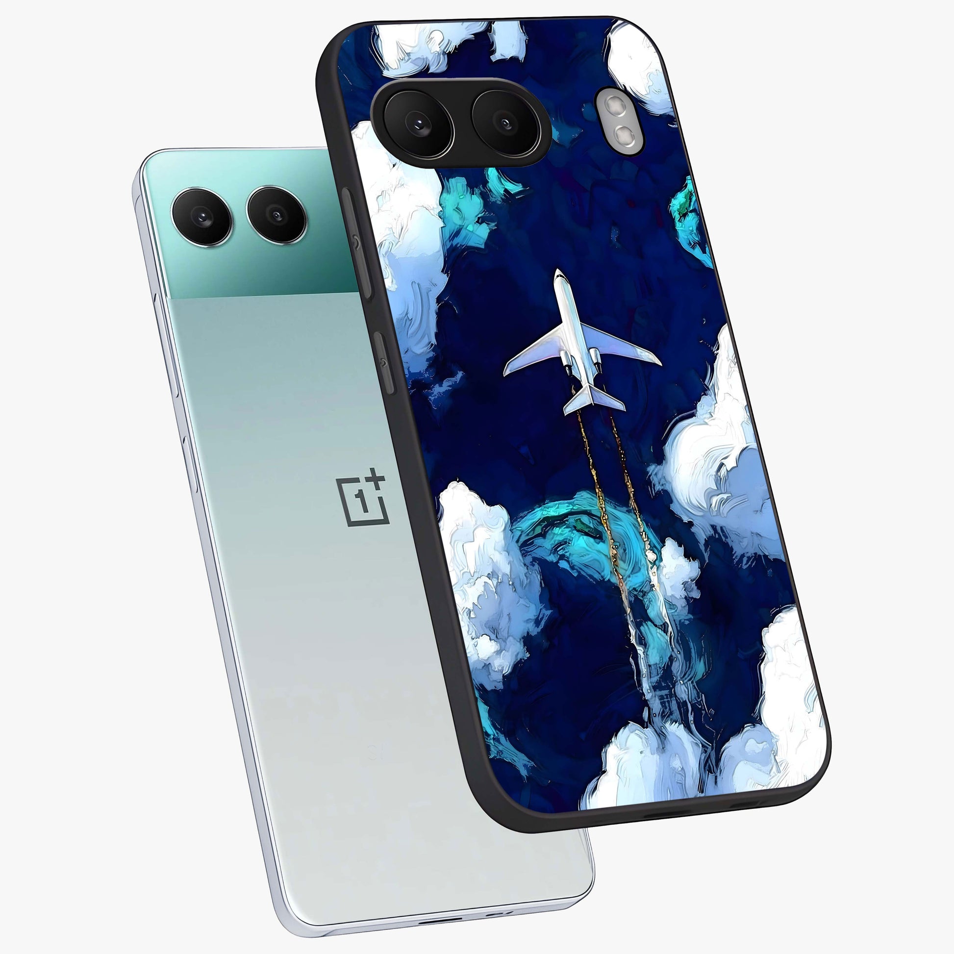 Dark Airplane Glass Case for 1+Nord 4 angled mockup showcasing glossy finish and dramatic sky tones