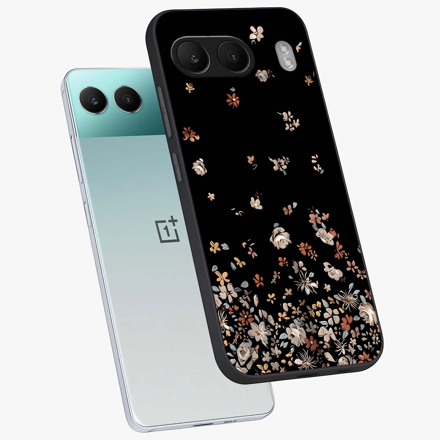 Dark Petal Aesthetic Glass Case for 1+Nord 4 angled mockup showcasing glossy finish and dramatic petal detailing