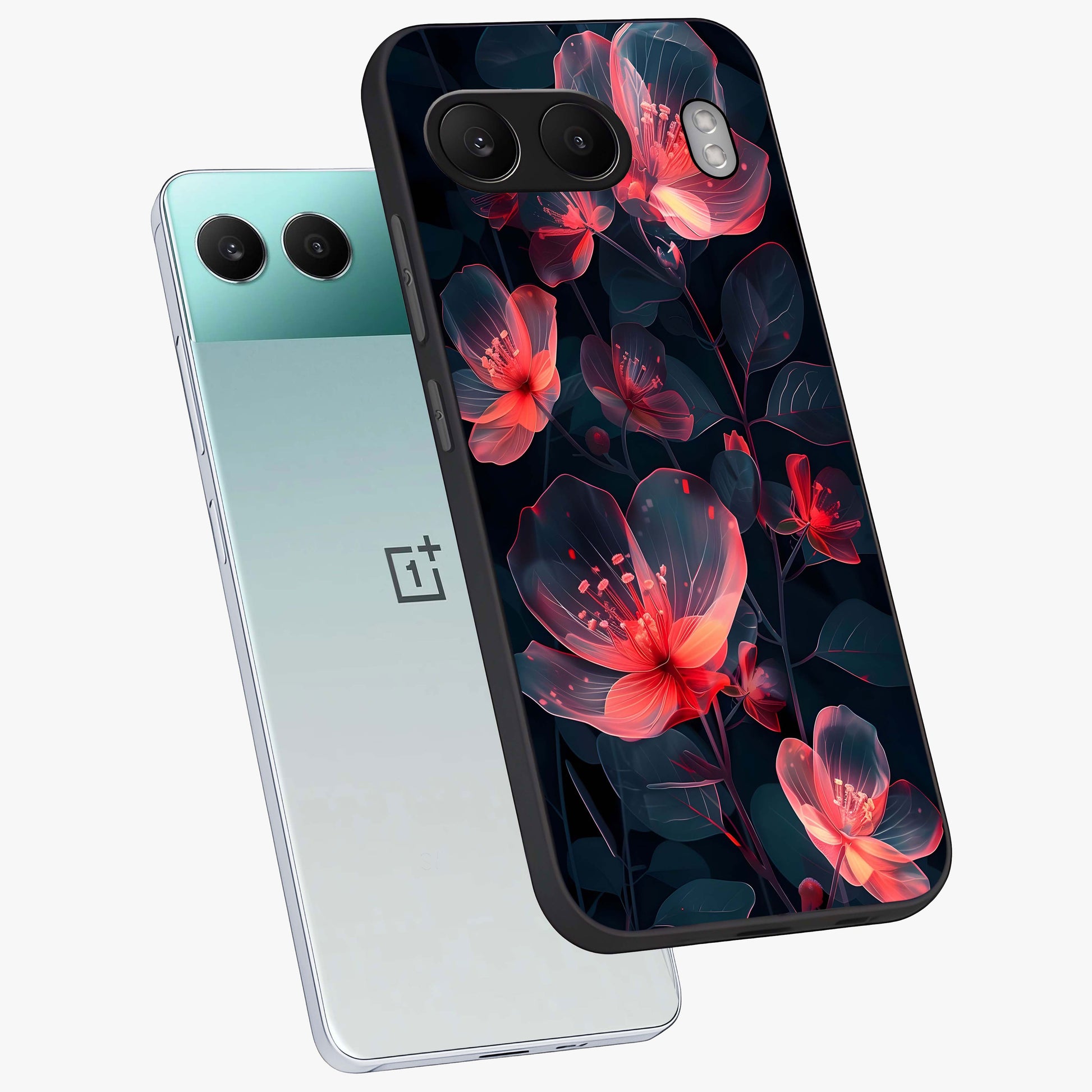 Dark Shade of Flower Glass Case for 1+Nord 4 angled mockup showcasing glossy finish and bold contrast detailing