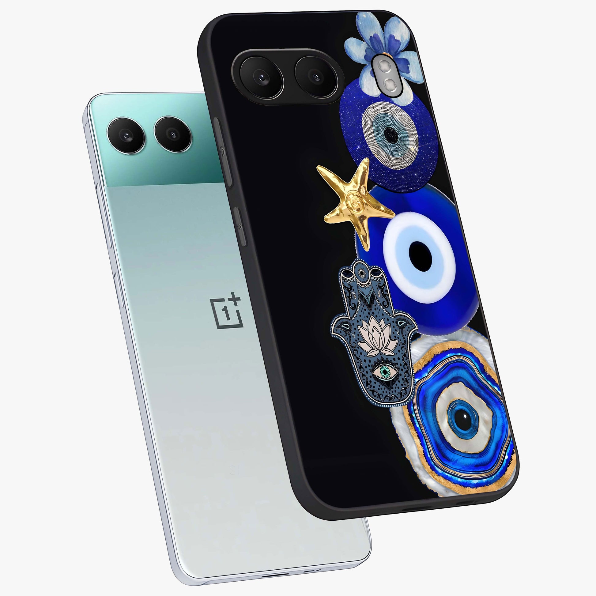Divine Eye Bloom Glass Case for 1+Nord 4 angled mockup showcasing glossy finish and vibrant protective detailing