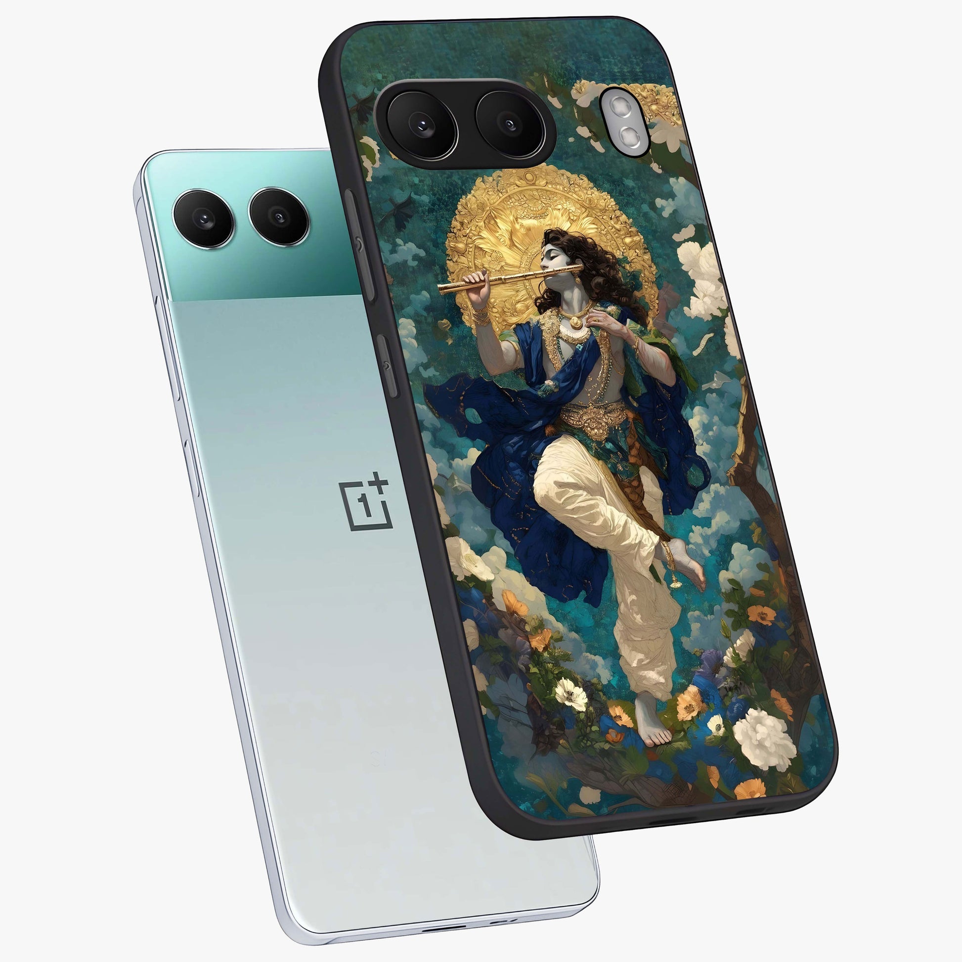 Divine Krishna Art Glass Case for 1+Nord 4 angled mockup showcasing glossy finish and vibrant spiritual tones