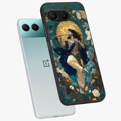 Divine Krishna Art Glass Case for 1+Nord 4 angled mockup showcasing glossy finish and vibrant spiritual tones