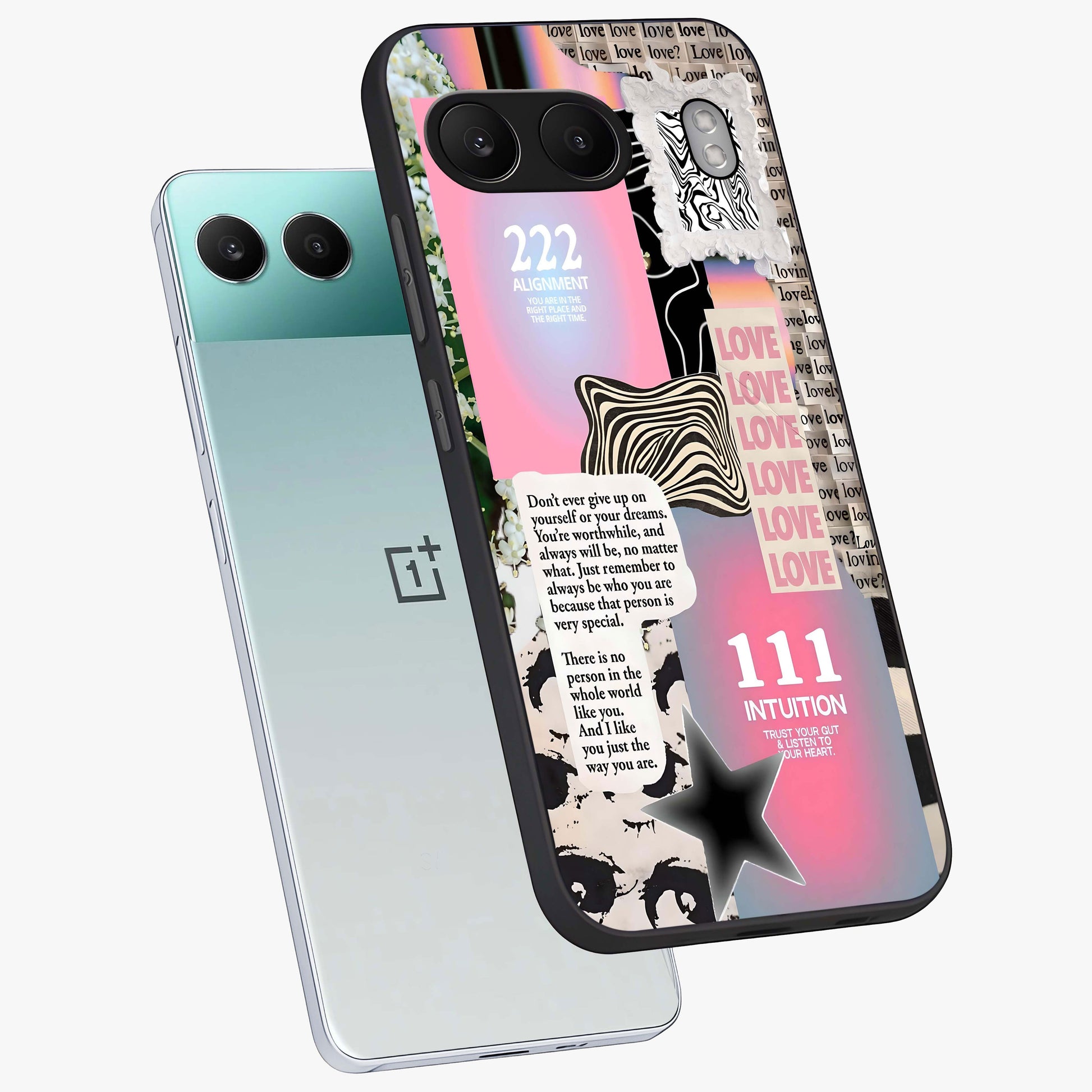 Divine Love Vibes Glass Case for 1+Nord 4 angled mockup showcasing glossy finish and warm aesthetic tones