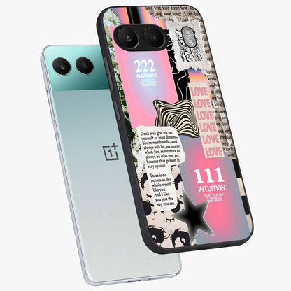 Divine Love Vibes Glass Case for 1+Nord 4 angled mockup showcasing glossy finish and warm aesthetic tones