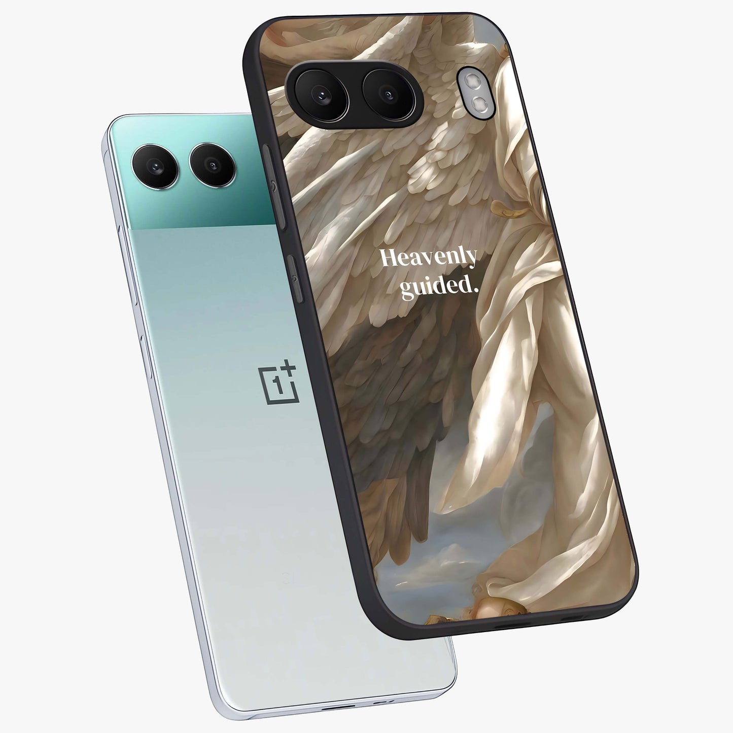 Divine Winged Grace Glass Case for 1+Nord 4 angled mockup showcasing glossy finish and elegant design tones