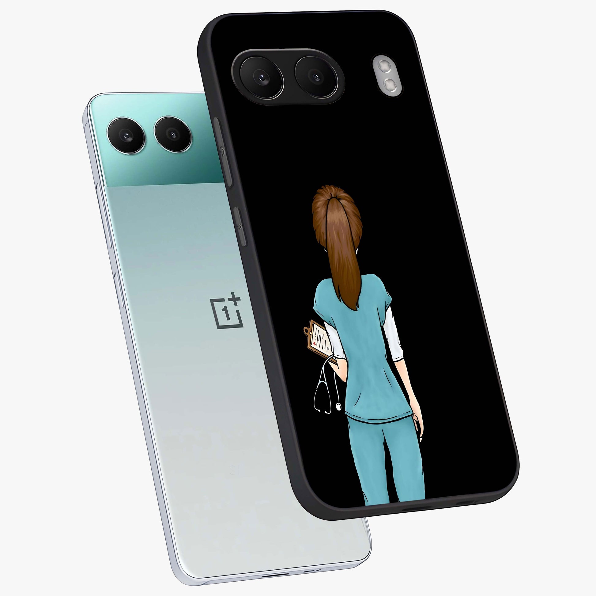 Doctor Pattern Custom Name Glass Case for 1+Nord 4 angled mockup showcasing glossy finish and detailed pattern elements