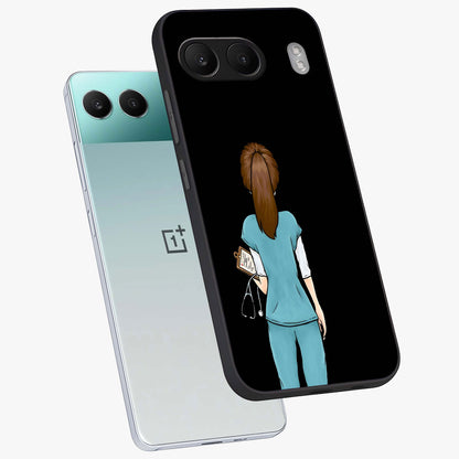 Doctor Pattern Custom Name Glass Case for 1+Nord 4 angled mockup showcasing glossy finish and detailed pattern elements