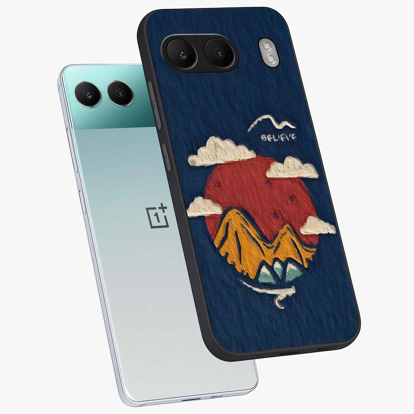 Dream Beyond Mountains Glass Case for 1+Nord 4 angled mockup showcasing glossy finish and calming gradient tones