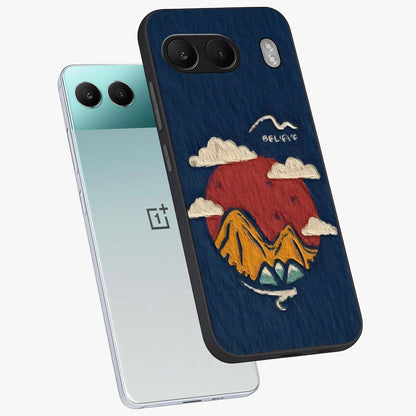 Dream Beyond Mountains Glass Case for 1+Nord 4 angled mockup showcasing glossy finish and calming gradient tones