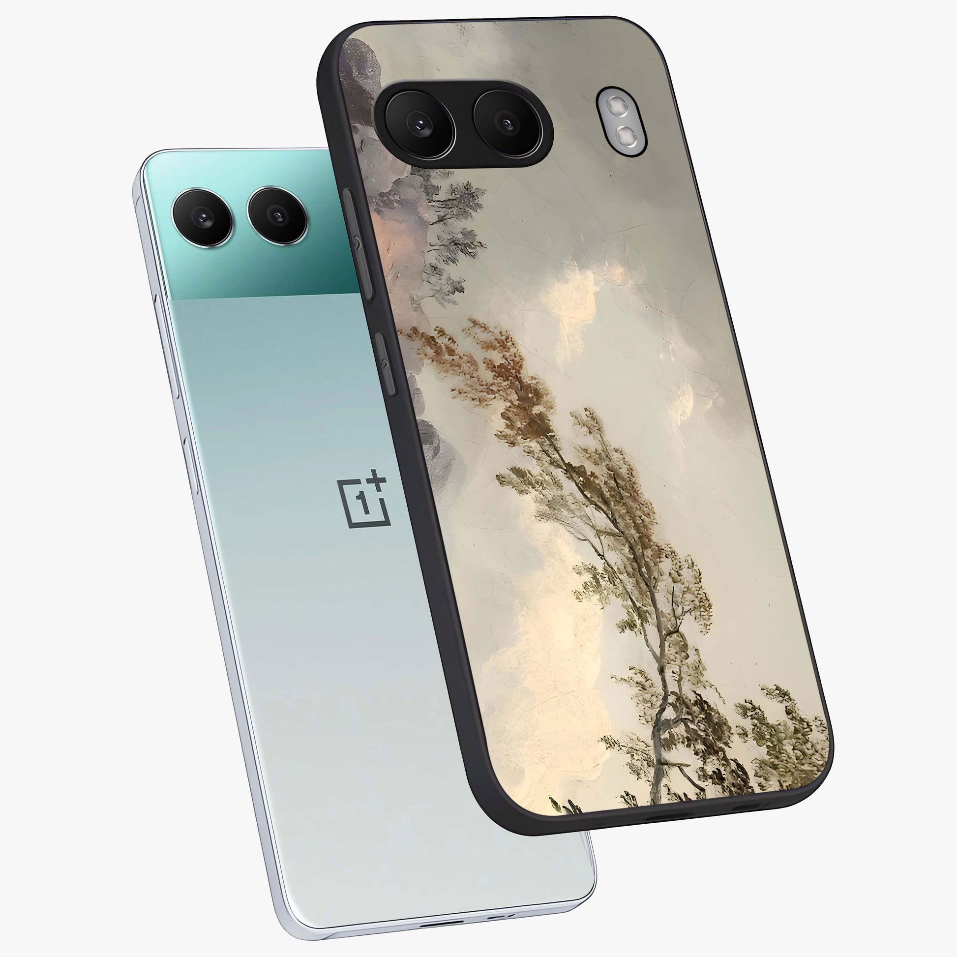 Dreamlike Wind Field Glass Case for 1+Nord 4 angled mockup showcasing glossy glass finish and dreamy landscape detailing
