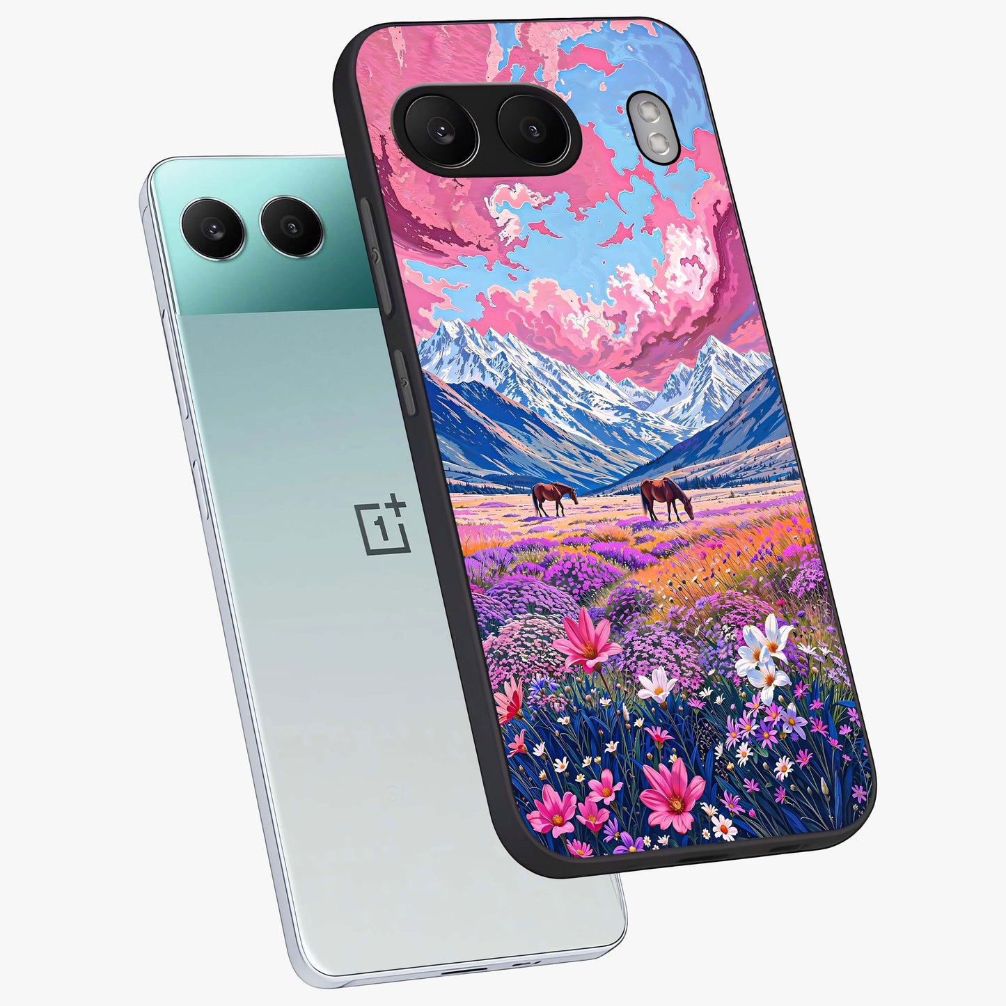 Dreamy Floral Pastures Glass Case for 1+Nord 4 angled mockup showcasing glossy finish and gentle bloom textures