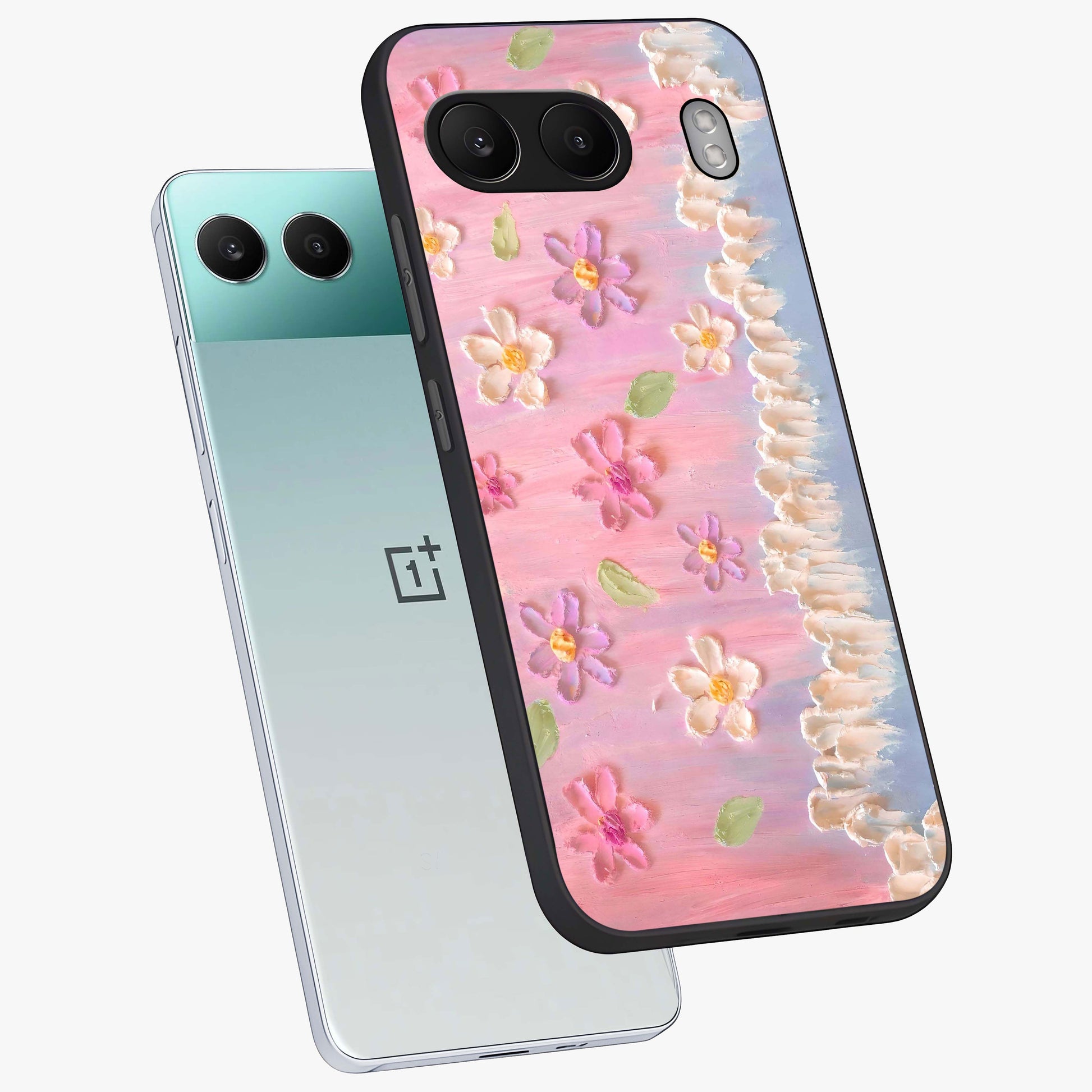 Dreamy Painted Garden Glass Case for 1+Nord 4 angled mockup showcasing glossy finish and vibrant brushstroke textures