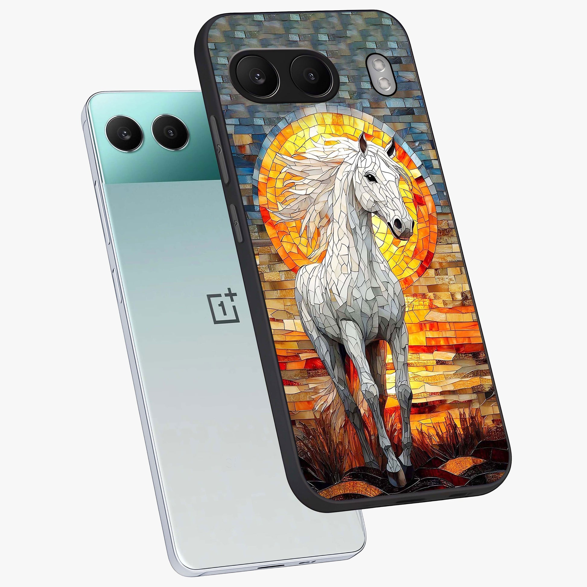 Elected Horse Glass Case for 1+Nord 4 angled mockup showcasing glossy finish and dynamic equestrian detailing