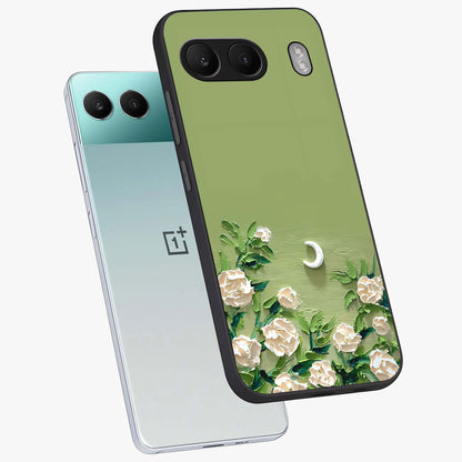 Emerald Bloom Calm Glass Case for 1+Nord 4 angled mockup showcasing glossy finish and rich green tones
