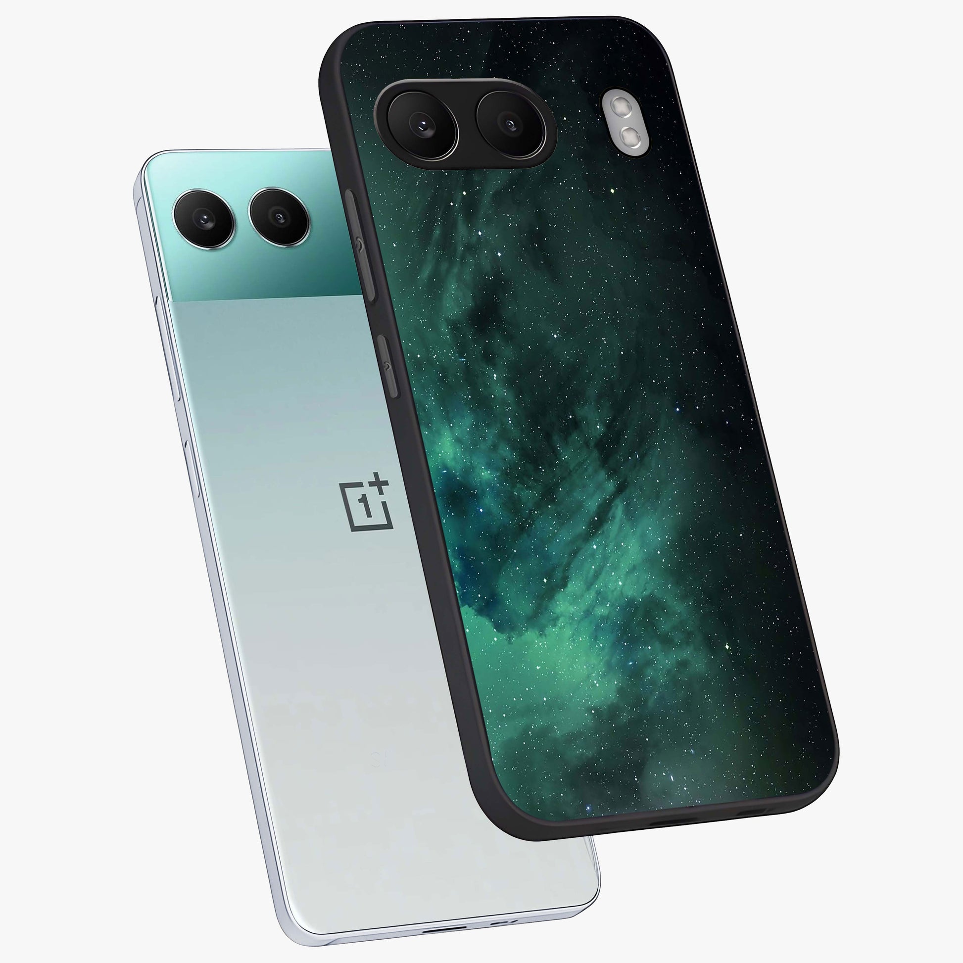 Emerald Green Space Glass Case for 1+Nord 4 angled mockup showcasing glossy finish and bold emerald gradients