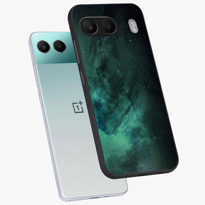 Emerald Green Space Glass Case for 1+Nord 4 angled mockup showcasing glossy finish and bold emerald gradients