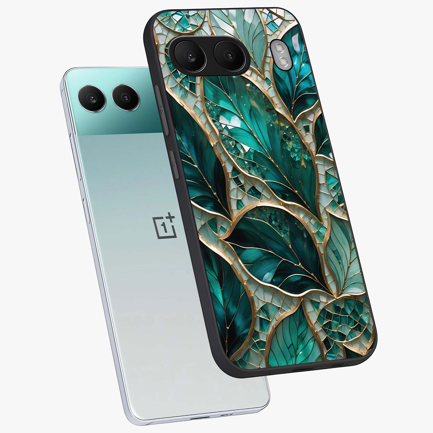 Emerald Leaf Glass Case for 1+Nord 4 angled mockup showcasing glossy finish and natural botanical tones