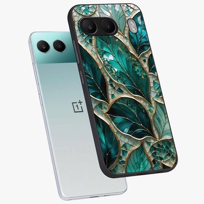 Emerald Leaf Glass Case for 1+Nord 4 angled mockup showcasing glossy finish and natural botanical tones