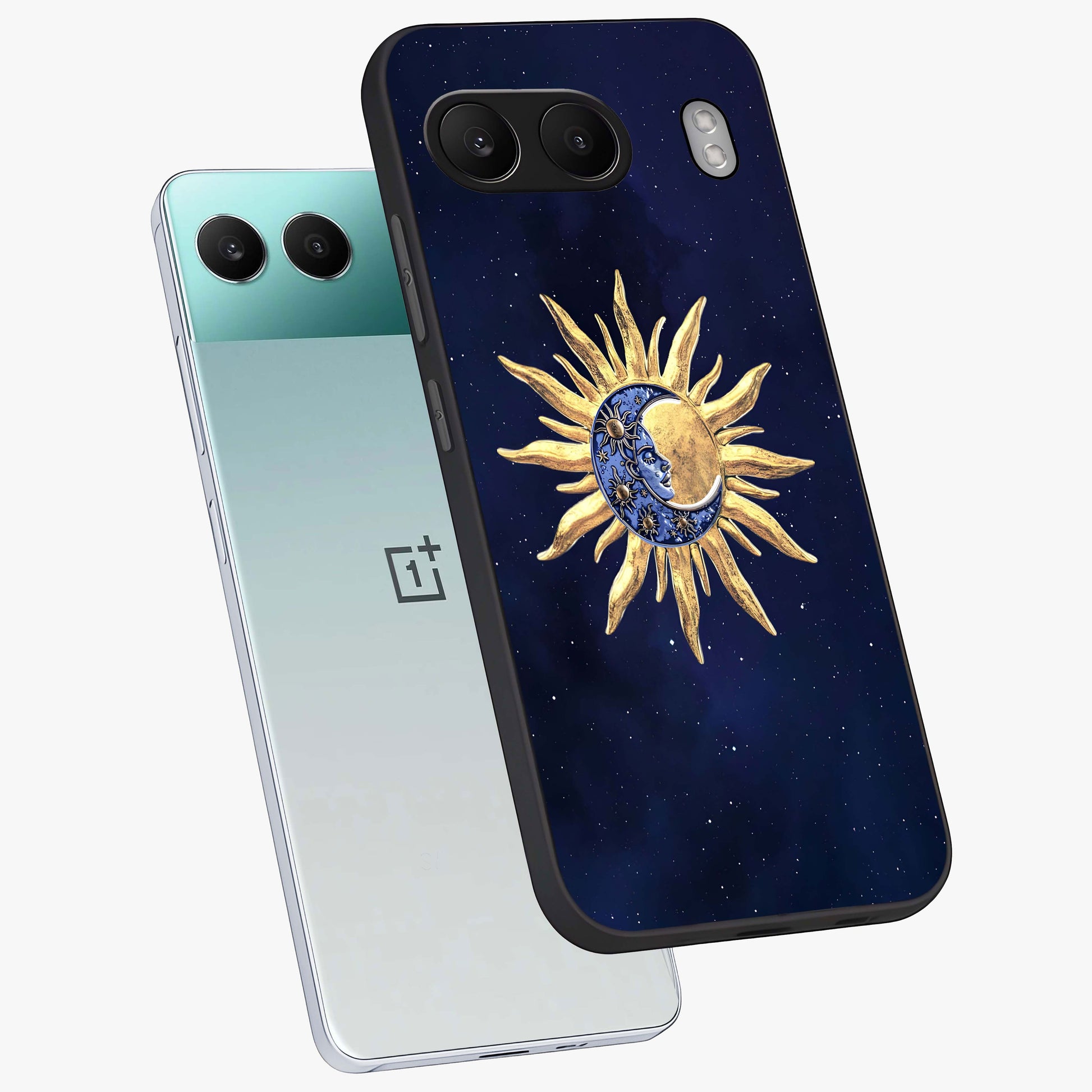 Eternal Cosmic Balance Glass Case for 1+Nord 4 angled mockup showcasing glossy finish and celestial gradient tones