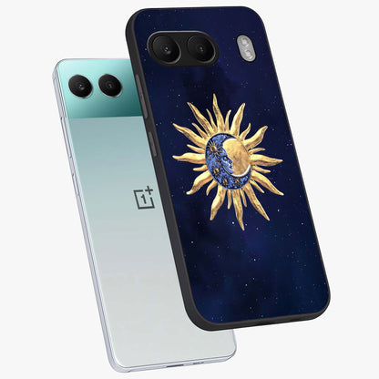 Eternal Cosmic Balance Glass Case for 1+Nord 4 angled mockup showcasing glossy finish and celestial gradient tones