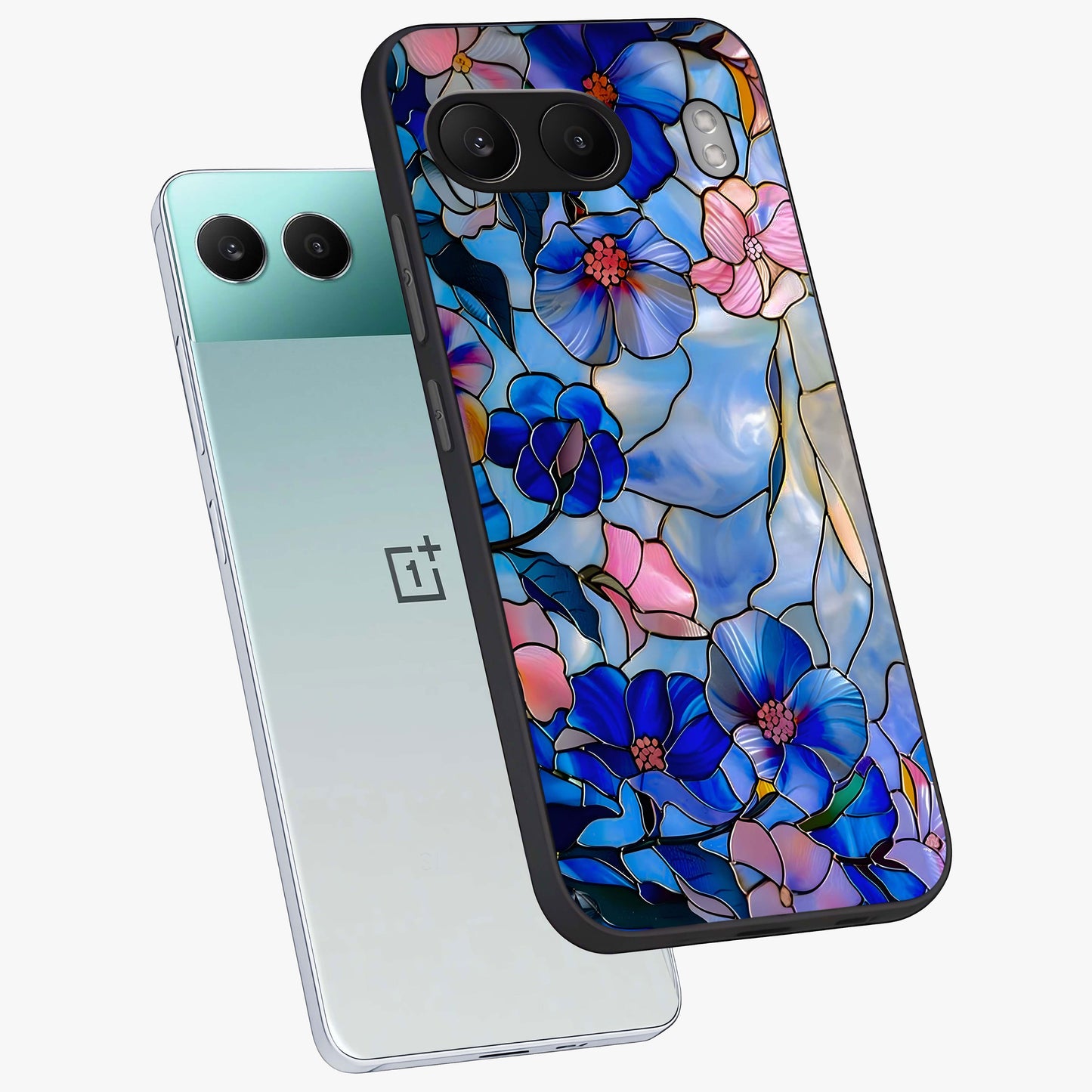 Eternal Floral Stained Glass Case for 1+Nord 4 angled mockup showcasing glossy finish and vibrant mosaic textures